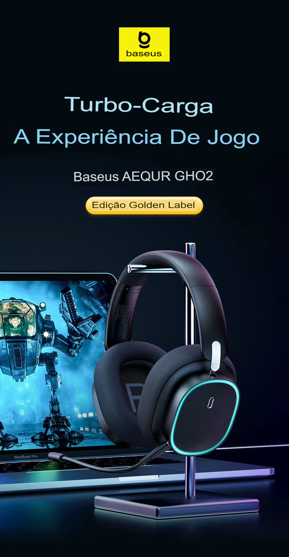 Fone Gamer Baseus GH02 – Wireless/Bluetooth/Cabo, RGB, Microfone, Som Imersivo com Driver 40mm