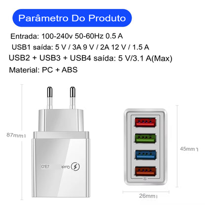 Carregador USB Rápido 3.0 para iPhone 14, Samsung, Xiaomi e Tablets